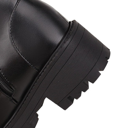 Women's Round Toe Lace-Up Side Zippers Block Chunky Heel Platform Short Boots