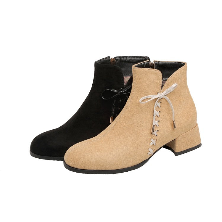 Women's Flock Pointed Toe Crossed Tied Straps Block Chunky Heel Short Boots