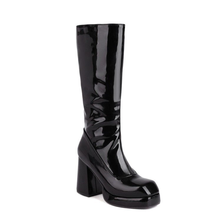 Women's Glossy Square Toe Side Zippers Block Chunky Heel Platform Mid-Calf Boots