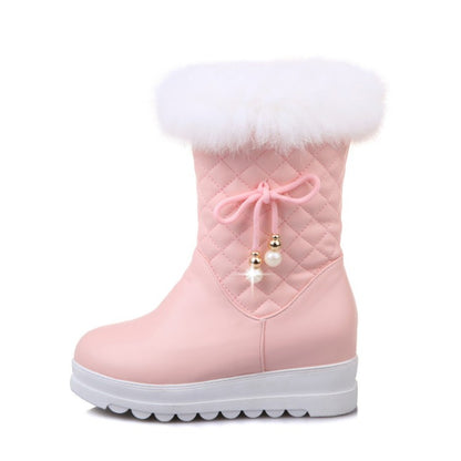 Women's Round Toe Tied Straps Pearls Flat Platform Mid-Calf Boots