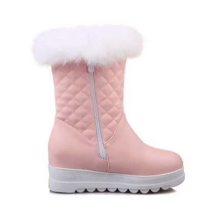 Women's Round Toe Tied Straps Pearls Flat Platform Mid-Calf Boots