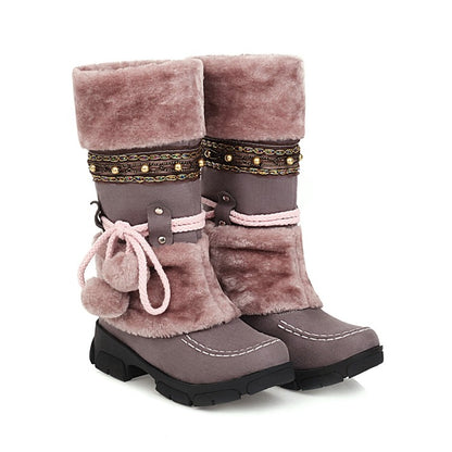 Women's Flock Round Toe Rivets Tied Straps Furry Ball Block Chunky Heel Platform Mid-Calf Boots