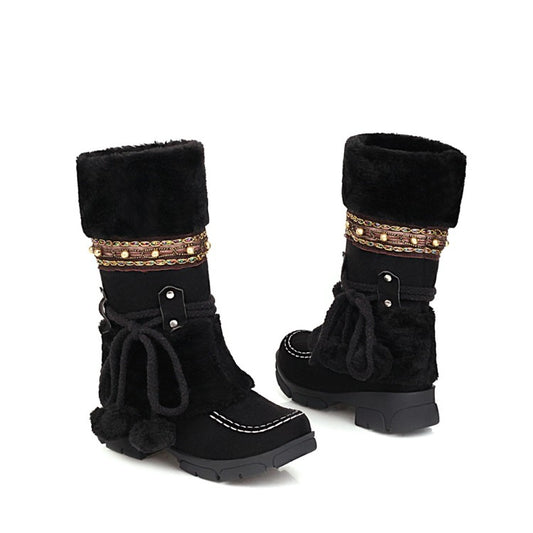 Women's Flock Round Toe Rivets Tied Straps Furry Ball Block Chunky Heel Platform Mid-Calf Boots