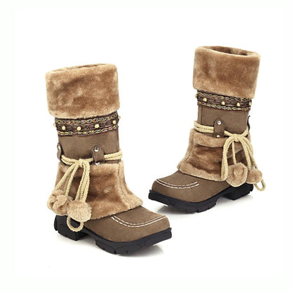 Women's Flock Round Toe Rivets Tied Straps Furry Ball Block Chunky Heel Platform Mid-Calf Boots