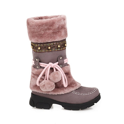 Women's Flock Round Toe Rivets Tied Straps Furry Ball Block Chunky Heel Platform Mid-Calf Boots