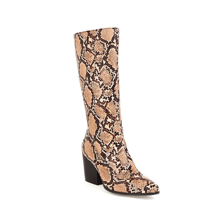 Women's Snake Printed Pointed Toe Side Zippers Block Chunky Heel Mid-Calf Boots
