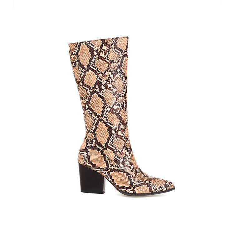 Women's Snake Printed Pointed Toe Side Zippers Block Chunky Heel Mid-Calf Boots