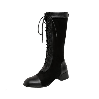 Women's Square Toe Lace-Up Block Chunky Heel Mid Calf Boots