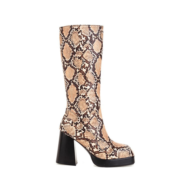 Women's Snake Printed Square Toe Side Zippers Block Chunky Heel Platform Mid-Calf Boots