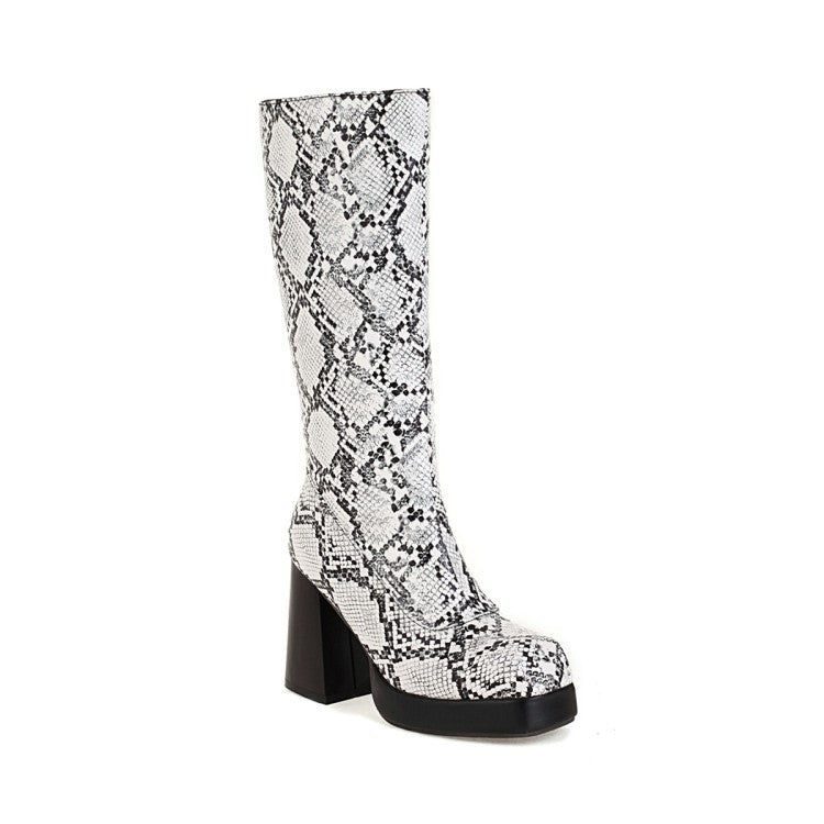 Women's Snake Printed Square Toe Side Zippers Block Chunky Heel Platform Mid-Calf Boots