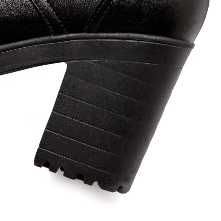 Women's Round Toe Lace Up Block Chunky Heel Platform Mid-Calf Boots