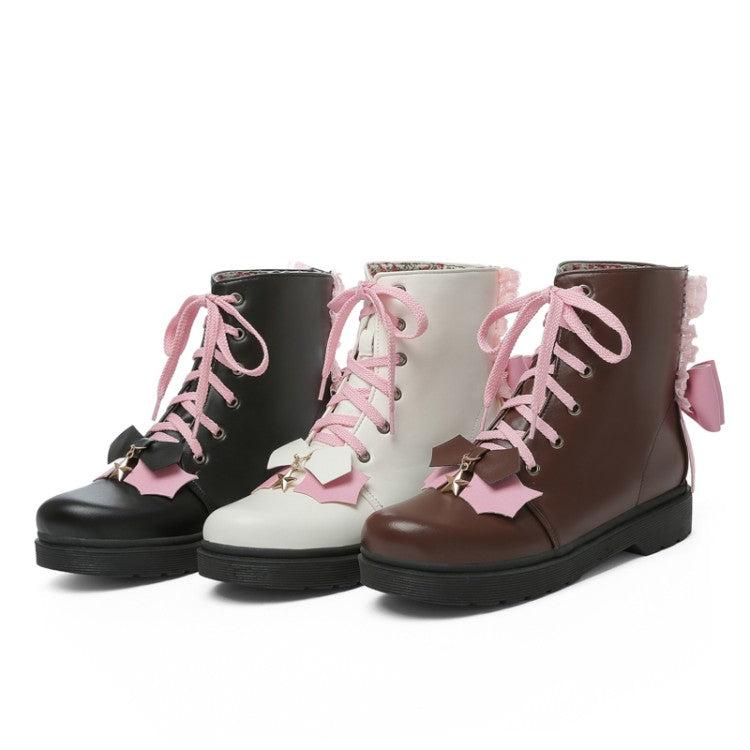 Women's Lace Up Bow Tie Flat Platform Ankle Boots