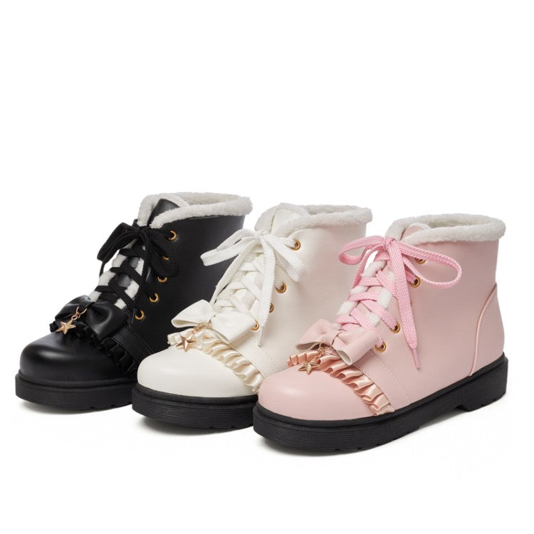 Women's Lolita Bow Tie Lace Up Flat Ankle Boots