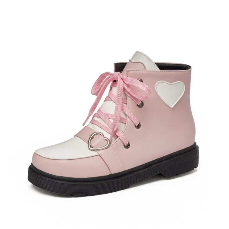 Women's Lolita Pu Leather Round Toe Love Hearts Tied Straps Flat Ankle Boots