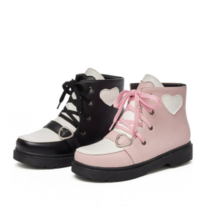 Women's Lolita Pu Leather Round Toe Love Hearts Tied Straps Flat Ankle Boots