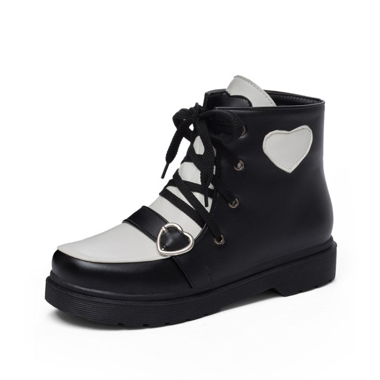 Women's Lolita Pu Leather Round Toe Love Hearts Tied Straps Flat Ankle Boots