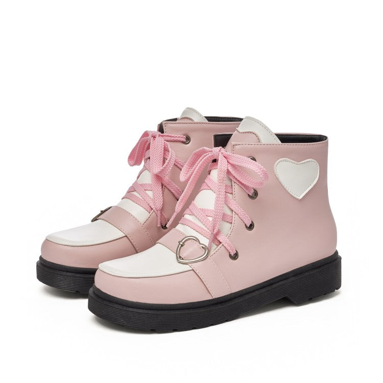 Women's Lolita Pu Leather Round Toe Love Hearts Tied Straps Flat Ankle Boots