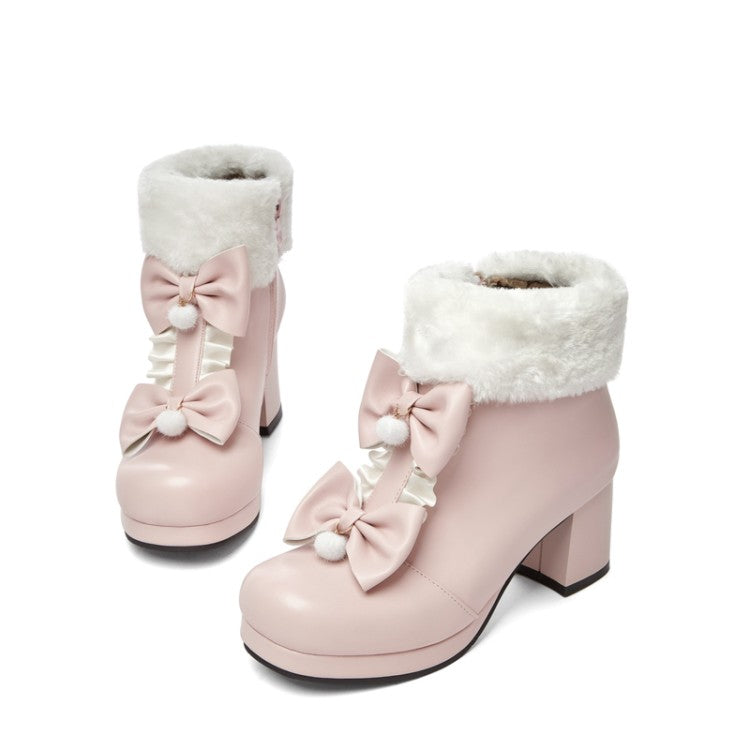 Women's Booties Lolita Round Toe Bows Block Chunky Heel Platform Ankle Boots