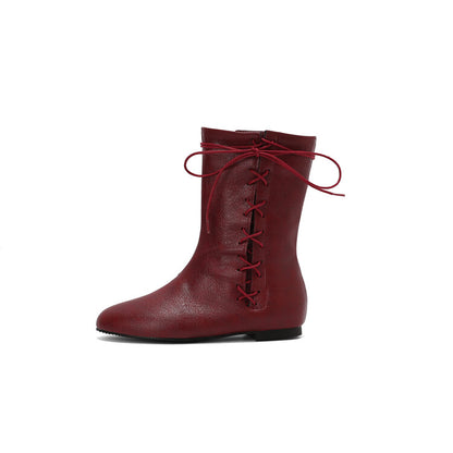 Women'S Lace-Up Round Toe Flat Mid Calf Boots