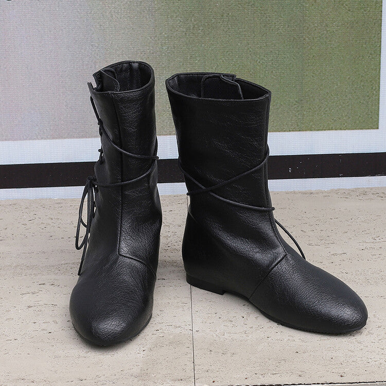 Women'S Lace-Up Round Toe Flat Mid Calf Boots