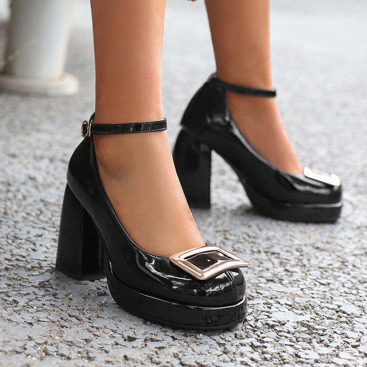 Women's Square Toe Ankle Strap High Heel Platform Pumps