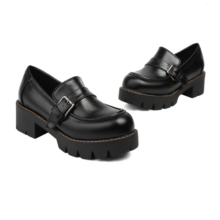 Women's Round Toe Platform Square Heel Platform Loafers Shoes