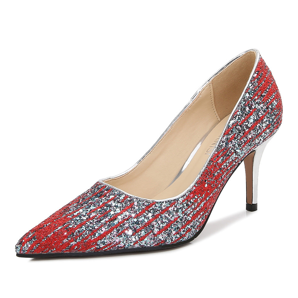 Women's French Style Sequins Shallow Stiletto Heel Pumps
