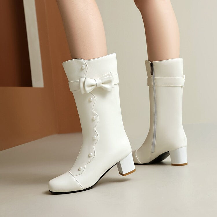 Women's Pearl Bowtie Round Toe Square Heel Mid Calf Boots