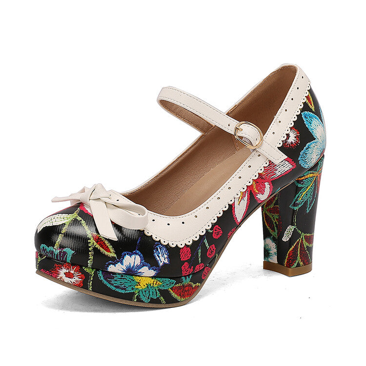 Women's High Heel Printed Bow Platform Pumps Mary Jane Shoes