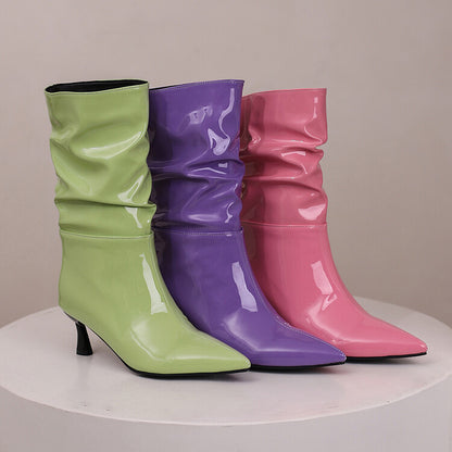 Women's Patent Leather Pointed Toe Pleated Mid-Calf Boots