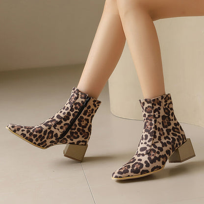 Women's Snake Pattern Pointed Toe Square Heel Short Boots