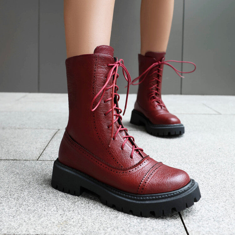 Women's Lace-Up Round Toe Flat Platform Short Boots