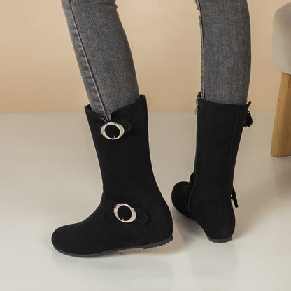 Women's Metal Decor Round Toe Increased Internal Mid Calf Boots