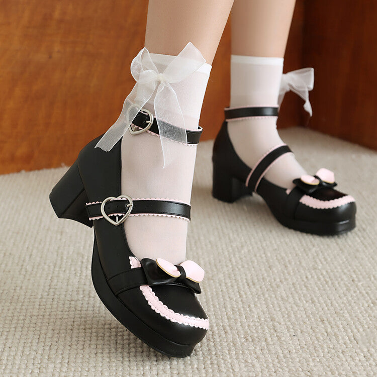 Women's Mary Jane Bow Chunky Heel Platform Pumps High Heels Lolita Shoes