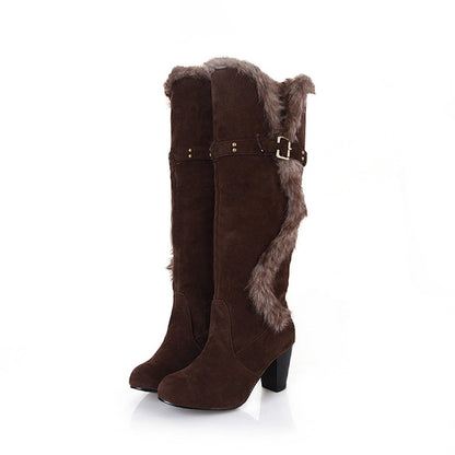 Women's Flock Round Toe Rivets Buckle Straps Block Heel Tall Boots