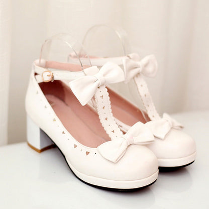 Women's Carved Bow Tie T Strap Block Heel Platform Pumps