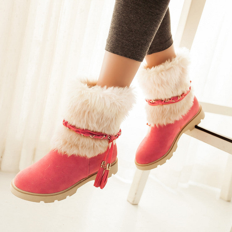 Women's Furry Metal Chains Tassel Short Boots