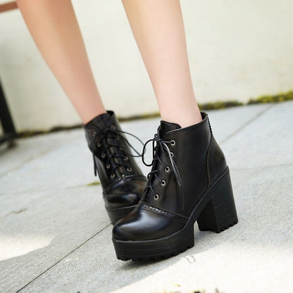 Women's Glossy Round Toe Lace Up Block Chunky Heel Stitch Platform Short Boots