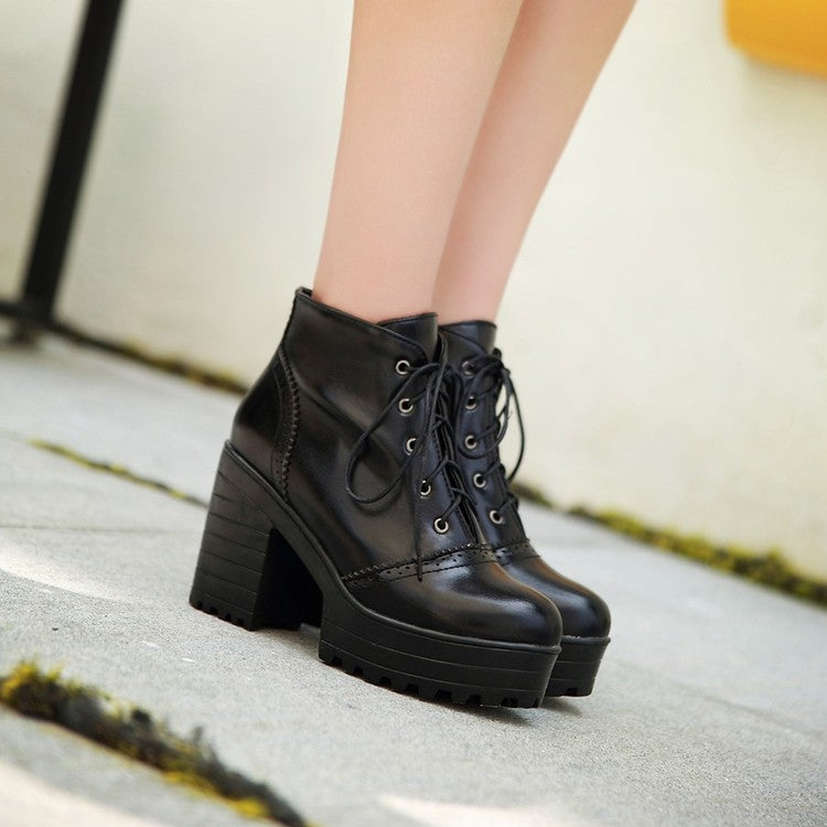 Women's Glossy Round Toe Lace Up Block Chunky Heel Stitch Platform Short Boots