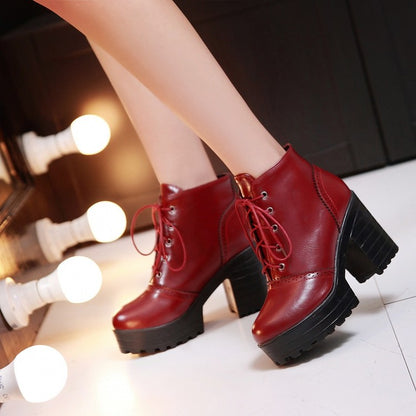 Women's Glossy Round Toe Lace Up Block Chunky Heel Stitch Platform Short Boots