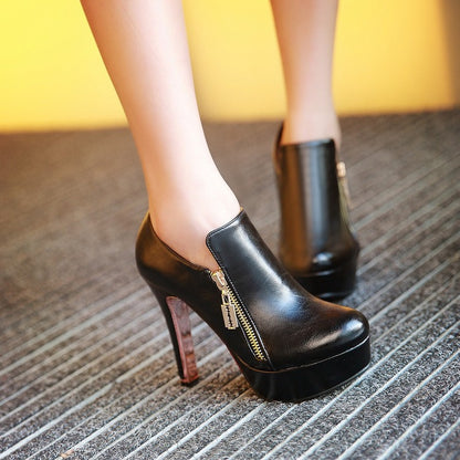 Women's Glossy Side Zippers Chunky Heel Platform Short Boots