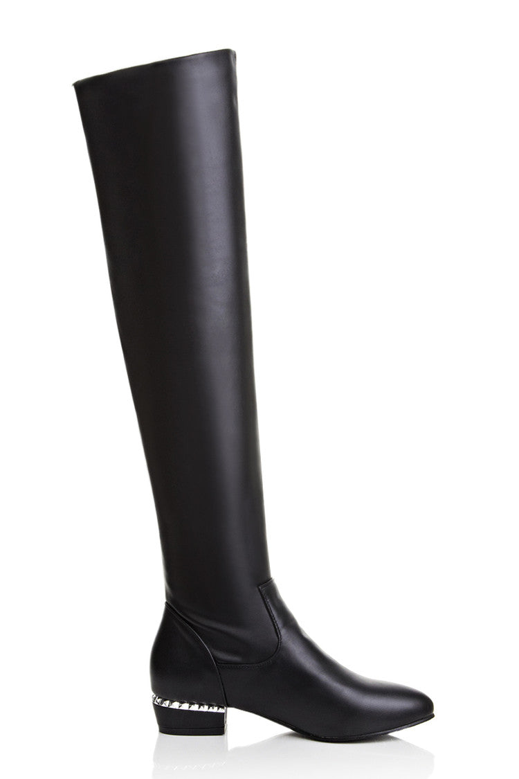 Women's Pu Leather Round Toe Inside Heighten Riding Over the Knee Boots