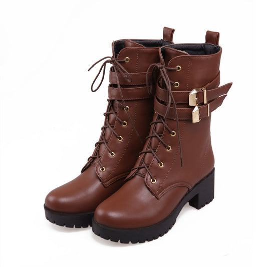 Women's Round Toe Lace Up Buckle Straps Block Chunky Heel Platform Short Boots