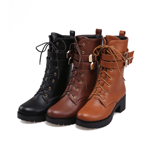 Women's Round Toe Lace Up Buckle Straps Block Chunky Heel Platform Short Boots