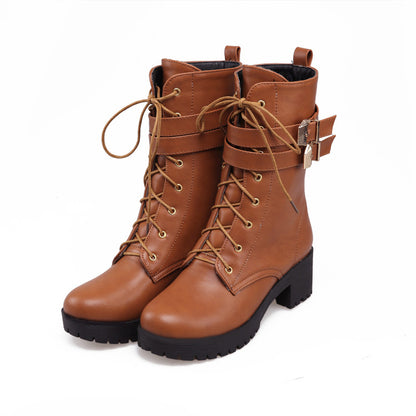 Women's Round Toe Lace Up Buckle Straps Block Chunky Heel Platform Short Boots