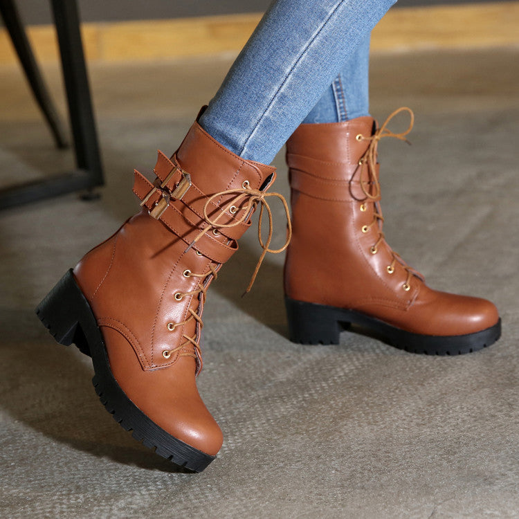 Women's Round Toe Lace Up Buckle Straps Block Chunky Heel Platform Short Boots