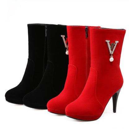 Women's Flock Round Toe Side Zippers Rhinestone Pearls Cone Heel Platform Short Boots