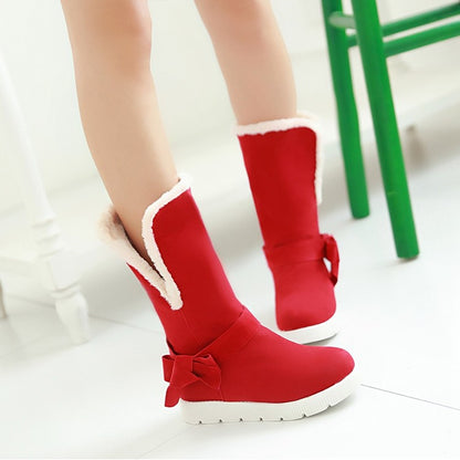 Women's Round Toe Bow Tie Fold Flat Platform Mid-Calf Boots