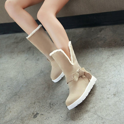 Women's Round Toe Bow Tie Fold Flat Platform Mid-Calf Boots