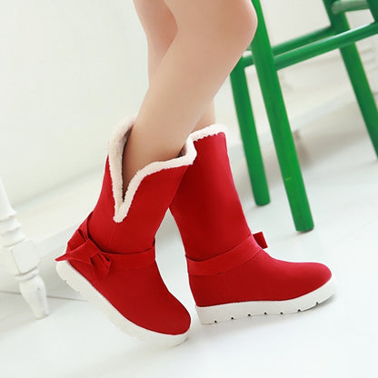 Women's Round Toe Bow Tie Fold Flat Platform Mid-Calf Boots